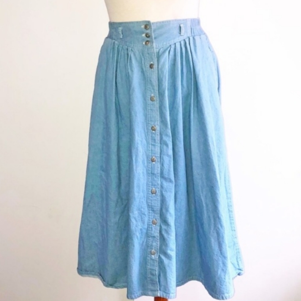 Vintage Retro 80s denim a-line midi skirt pockets!